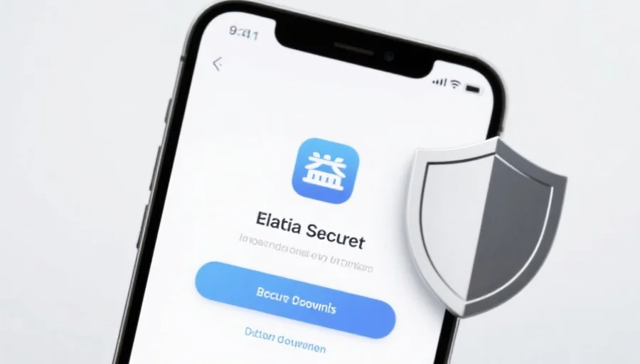 一部现代智能手机屏幕上显示喜乐应用的安全下载界面，旁边有安全盾牌图标，背景简洁