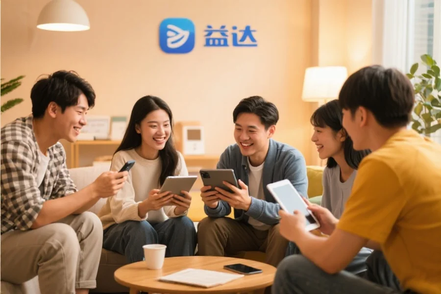 一群年轻用户围坐在一起，使用平板和手机愉快地交流，背景温馨现代，象征喜乐应用的社区活跃氛围